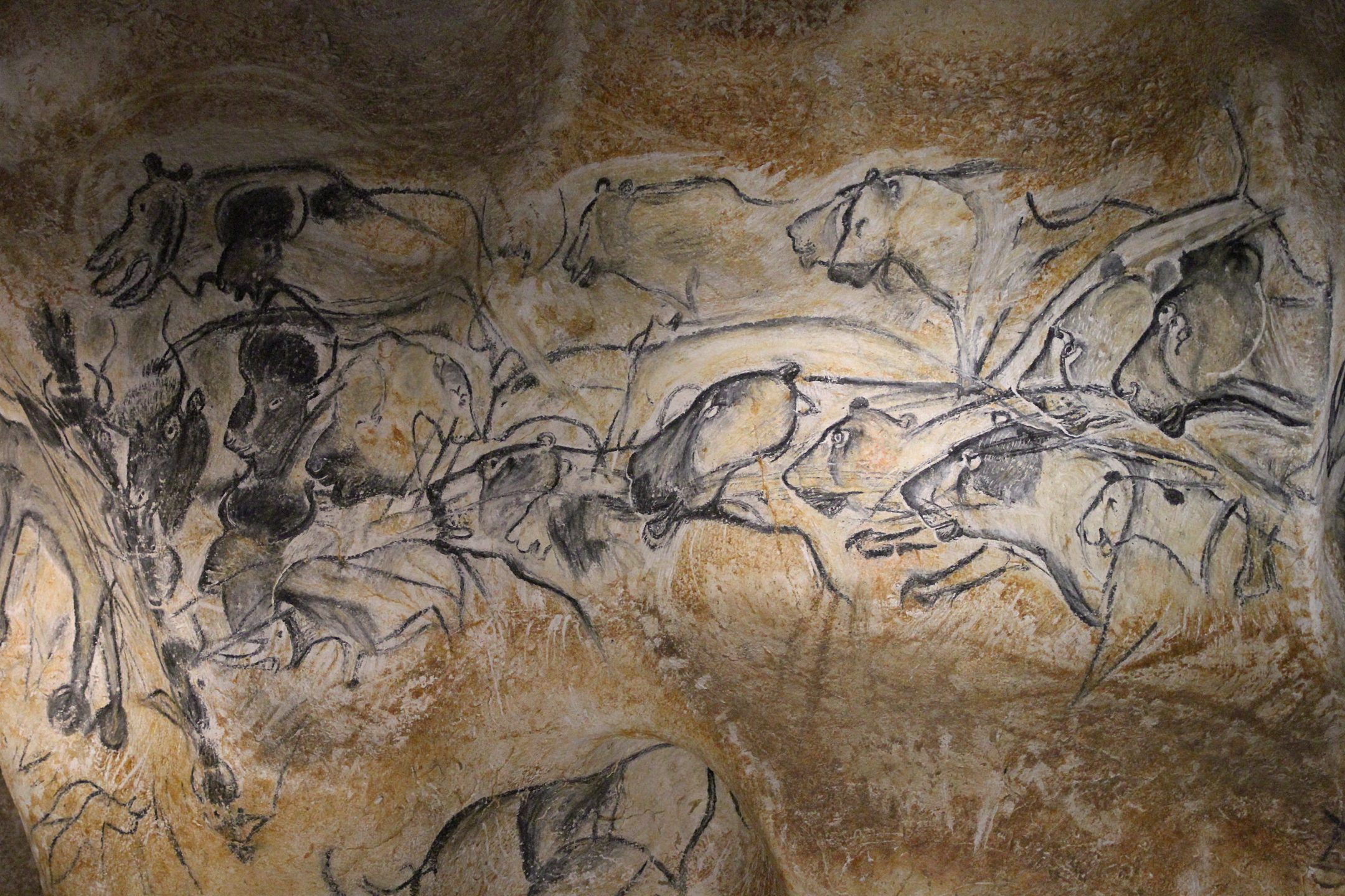 Panel de leones y bisontes paleolíticos en la cueva de Chauvet